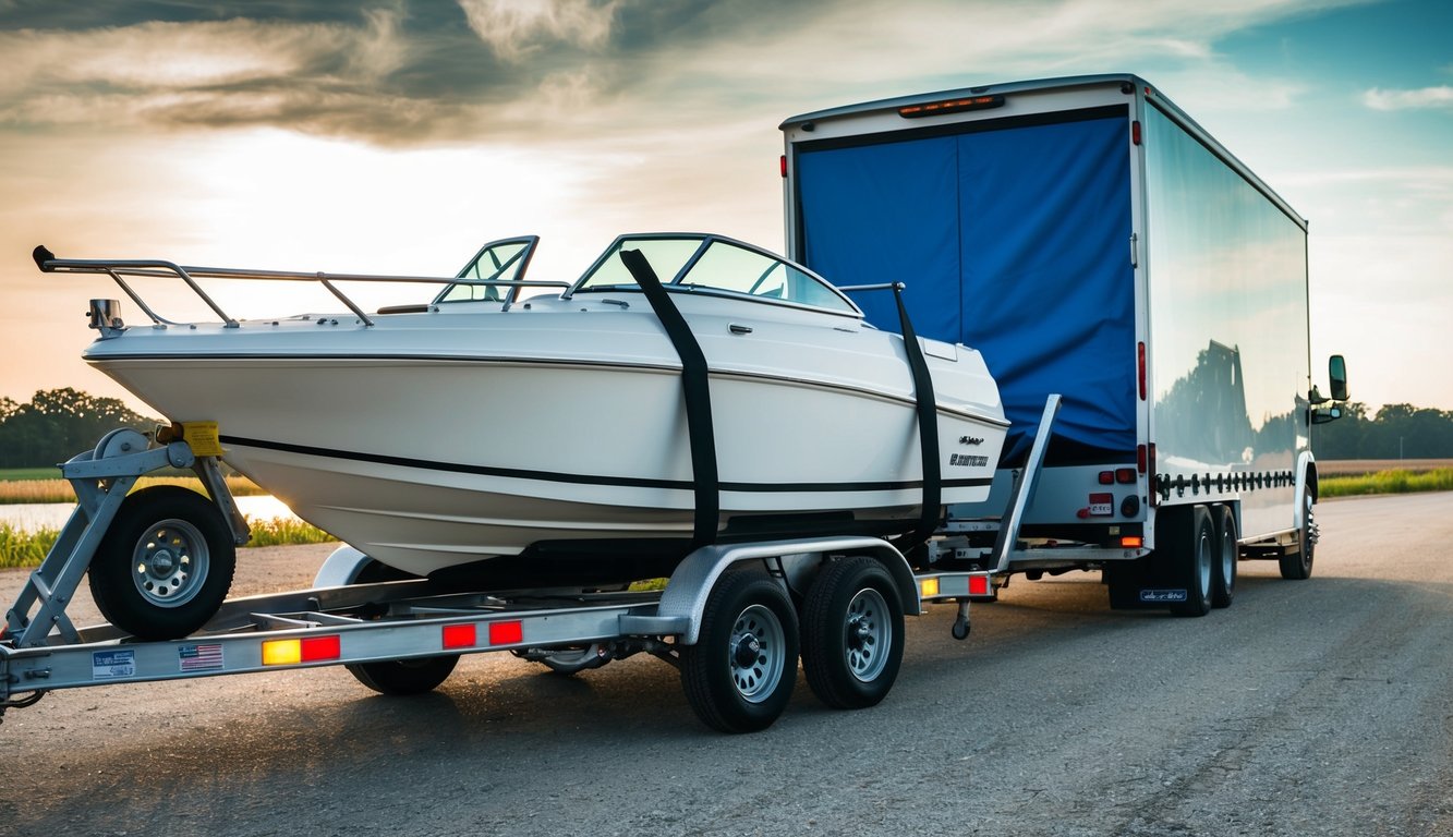 A speed boat is being securely strapped onto a sturdy trailer, with the trailer hitched to a large, reliable vehicle. The boat's engine cover is closed, and the trailer is equipped with safety lights
