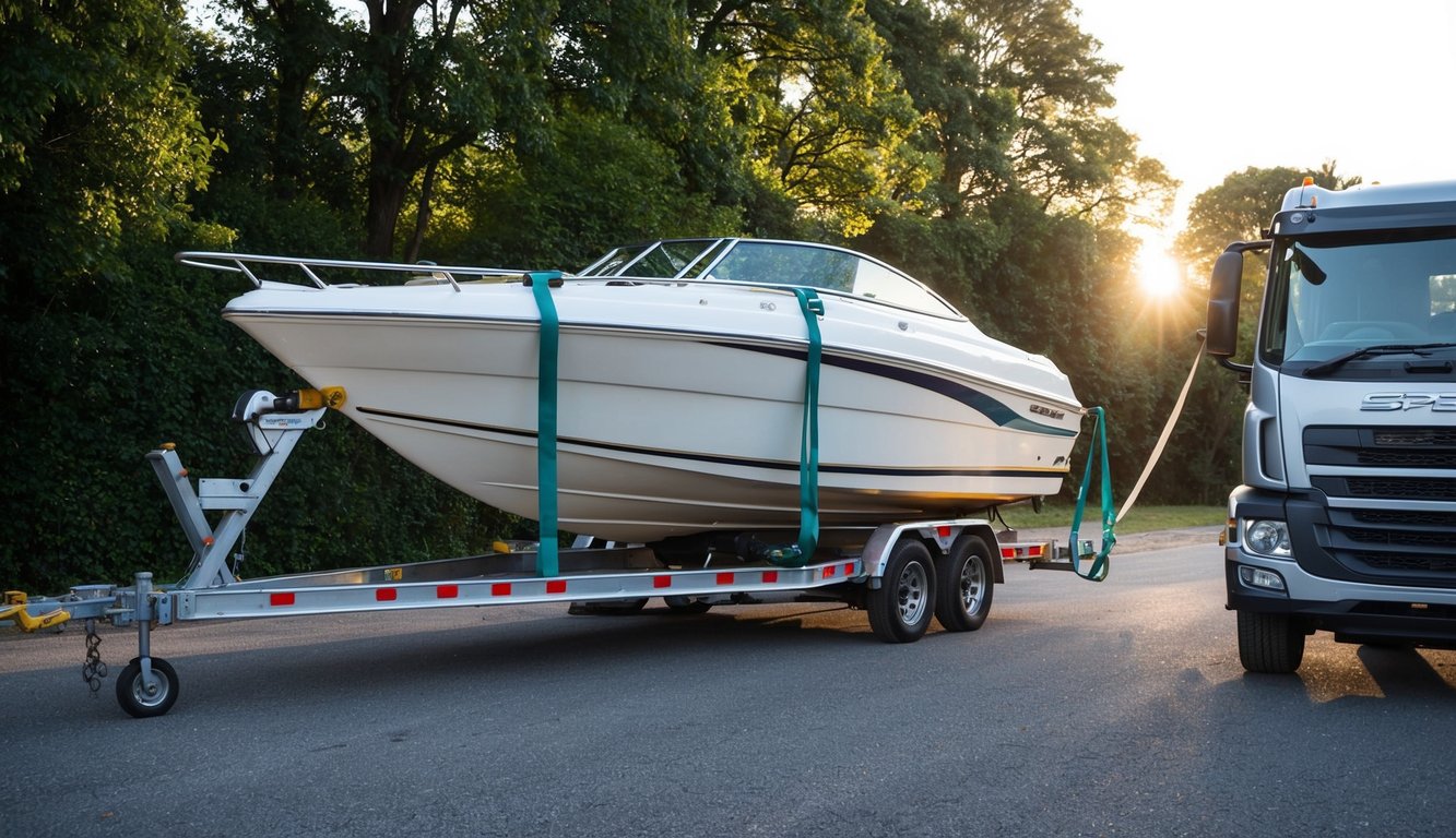 A speed boat being securely loaded onto a trailer hitched to a sturdy truck, with tie-down straps being fastened to secure it for transport