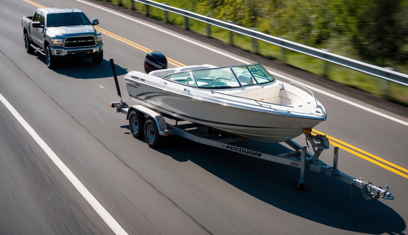 A speed boat securely strapped onto a sturdy trailer being towed by a reliable vehicle along a smooth, well-maintained road