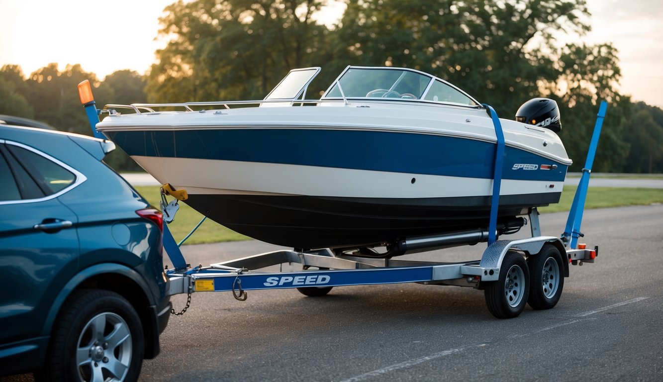 A speed boat being securely loaded onto a trailer hitched to a vehicle, with tie-down straps and safety equipment visible