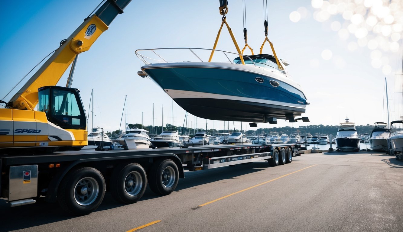 A speed boat being loaded onto a hauler by a crane at a marina