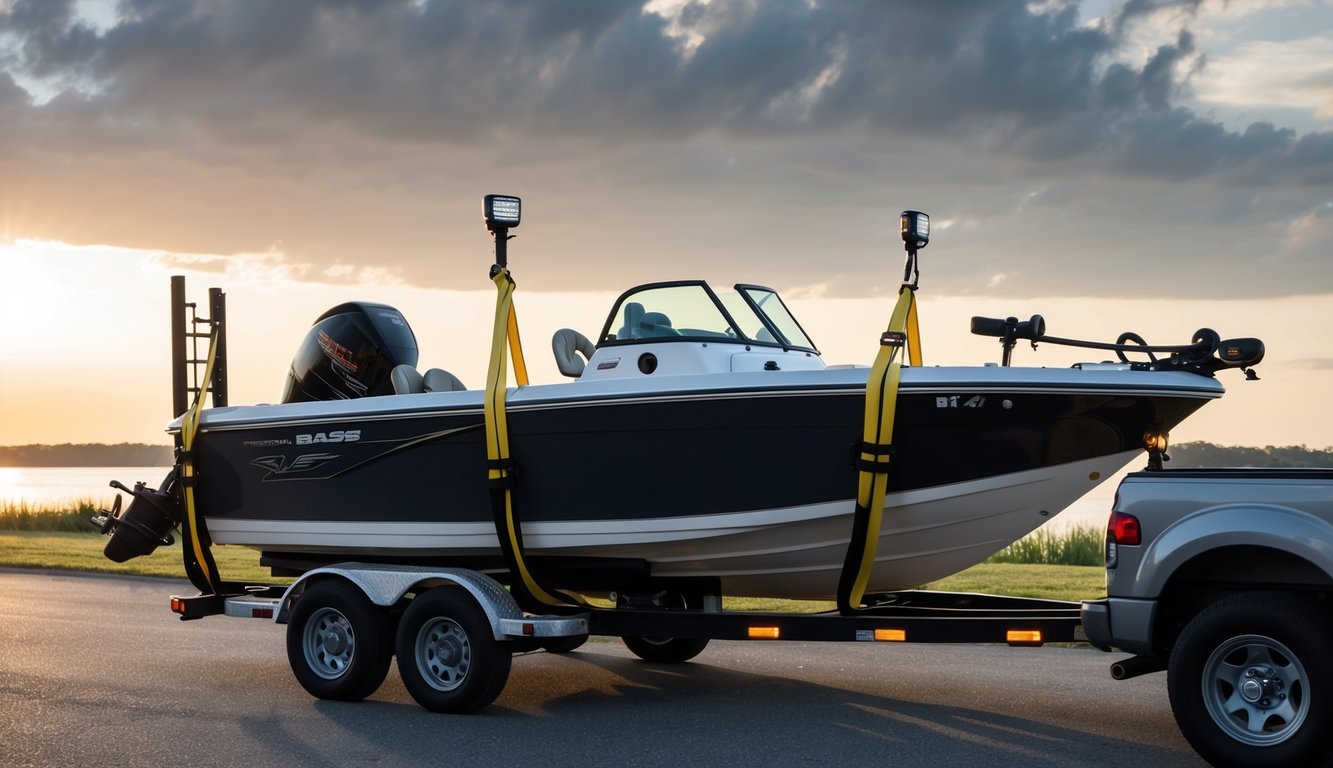 A bass boat being securely strapped to a trailer hitched to a vehicle, with tie-downs securing the boat in place. The vehicle is ready for transport