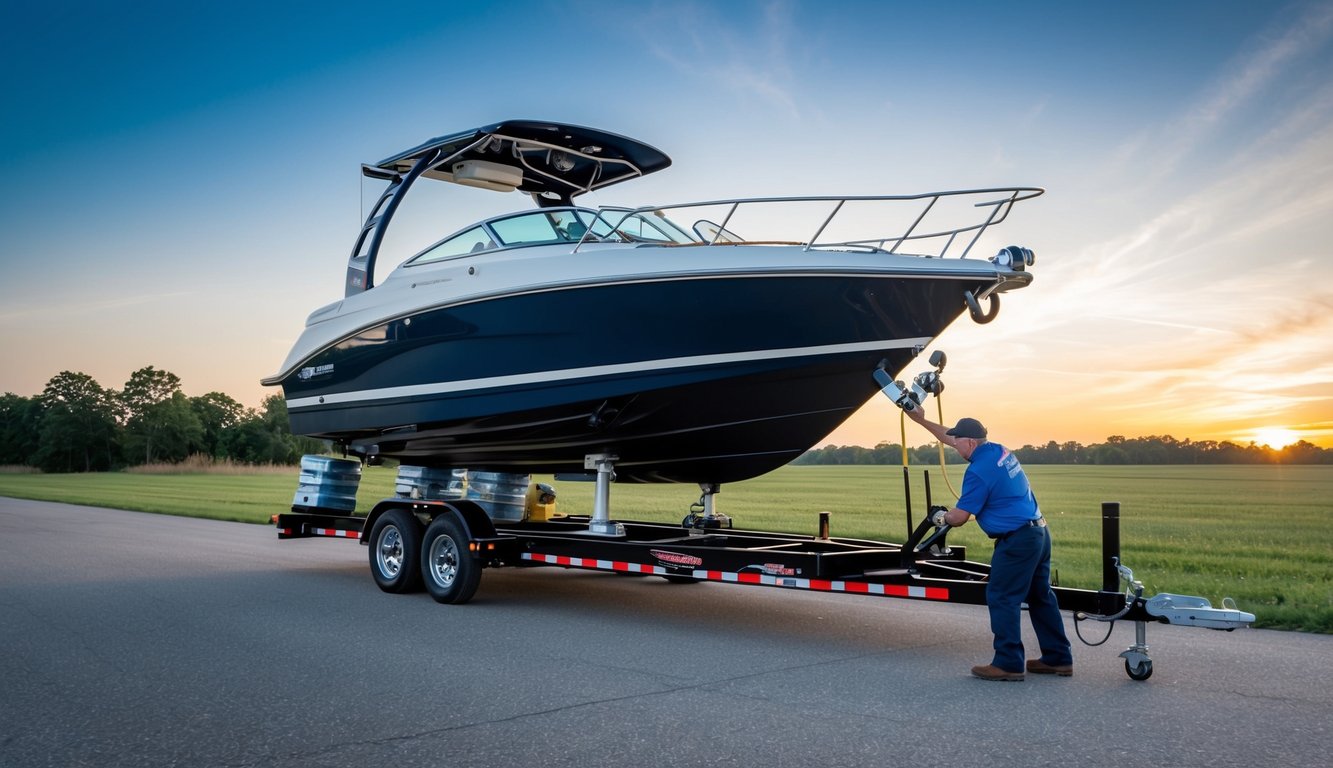 A speed boat being securely loaded onto a trailer by a professional hauler using specialized equipment and safety measures