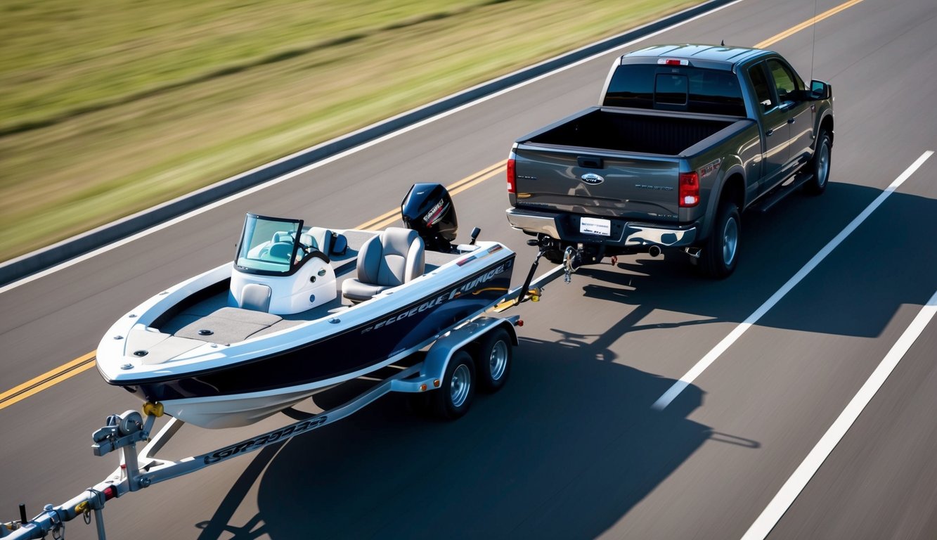 A pickup truck towing a bass boat on a trailer, with proper tie-downs and safety chains, driving on a smooth, open road