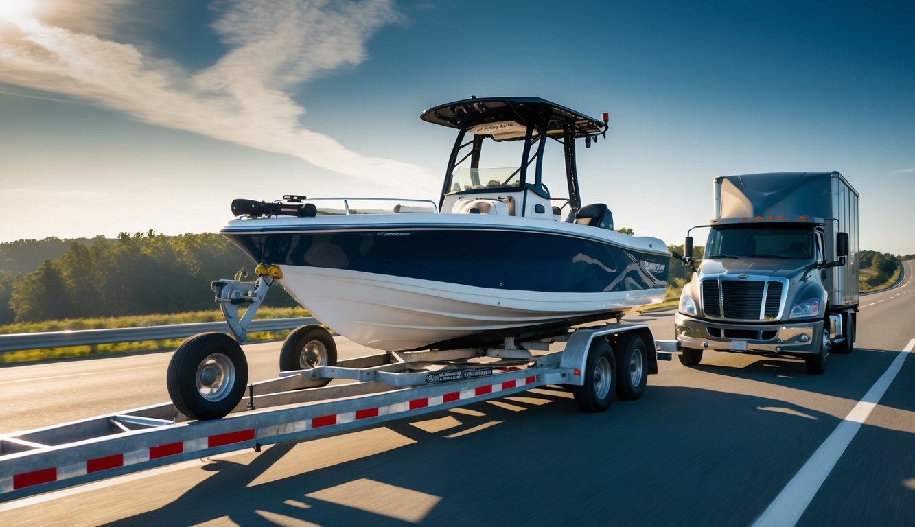 A bass boat securely strapped onto a flatbed trailer with a professional truck transporting it down a scenic highway