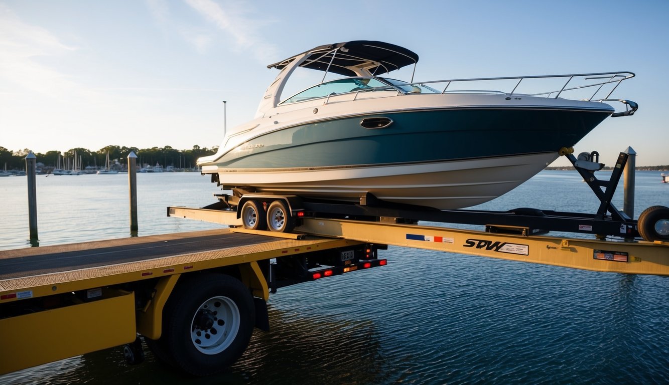 A speed boat being securely loaded onto a hauler truck at a waterfront dock