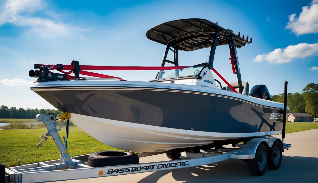 A bass boat being securely loaded onto a trailer, with straps being tightened and safety precautions being taken for transportation