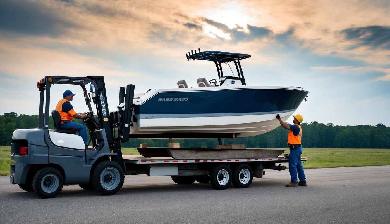 A bass boat being loaded onto a flatbed truck by workers using a forklift