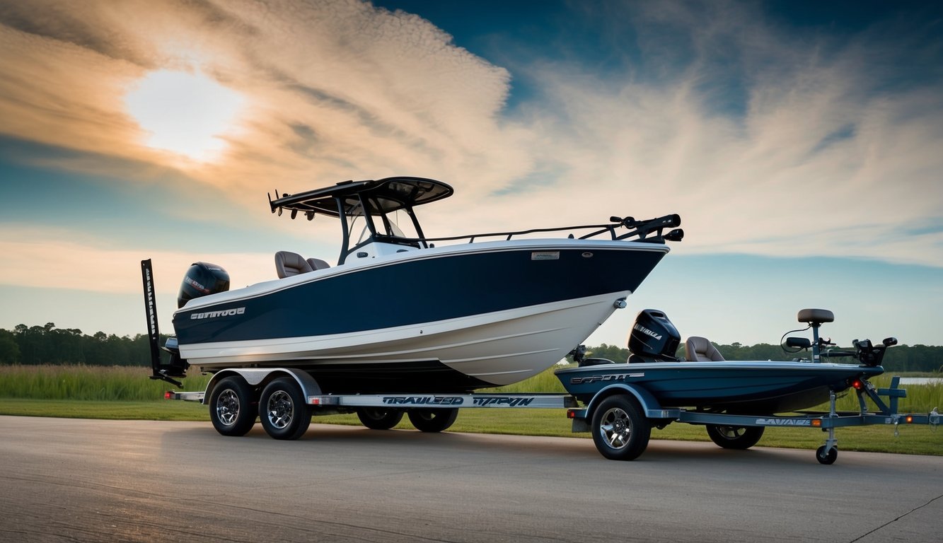 A bass boat being loaded onto a professional hauler trailer, with the contrast of a standard bass boat trailer nearby