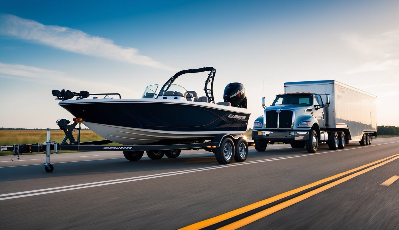 A performance bass boat being towed by a trailer and a professional hauler side by side on a wide open road