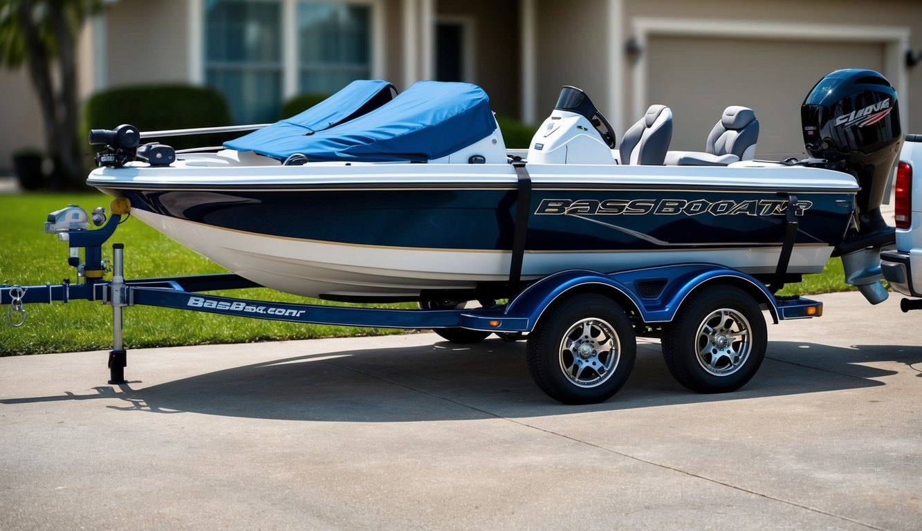 A bass boat secured on a trailer with tiedowns, padding, and covers, ready for transport. The trailer is attached to a vehicle and parked in a driveway
