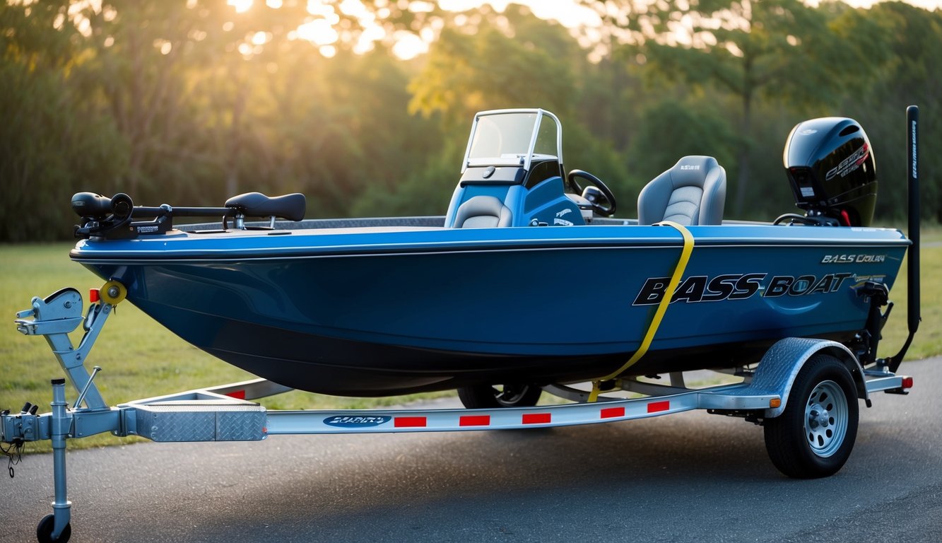 A bass boat strapped securely to a trailer, with tie-downs securing it in place. The trailer hitch is attached to a vehicle ready for transport