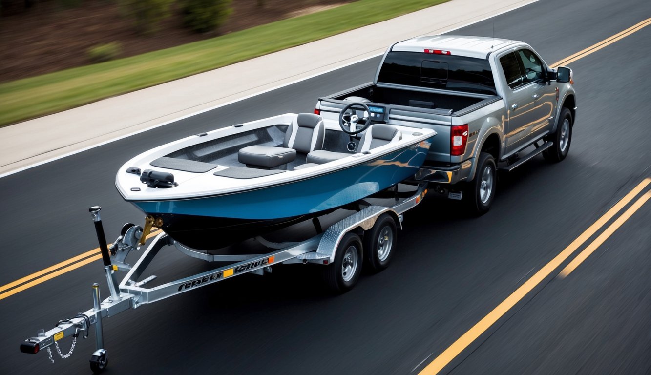 A truck securely fastens a bass boat to its trailer, with proper tie-downs and protective padding, while driving on a smooth, well-maintained road