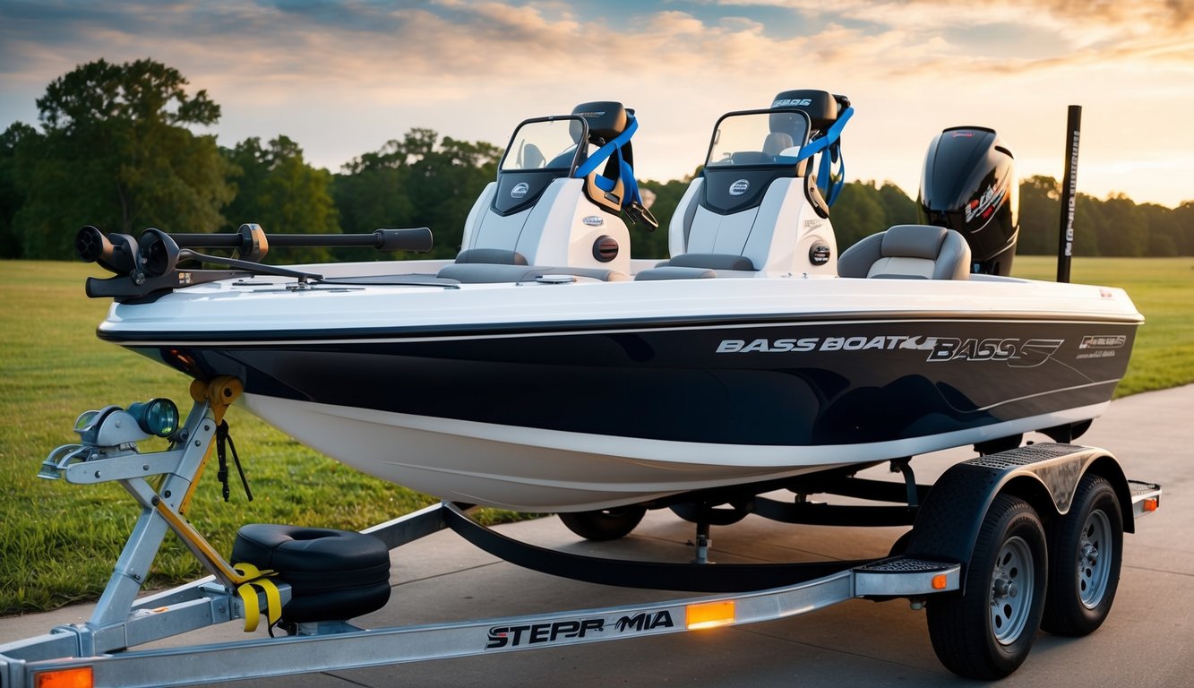 A bass boat secured on a trailer, with straps and padding to prevent movement and damage during transport