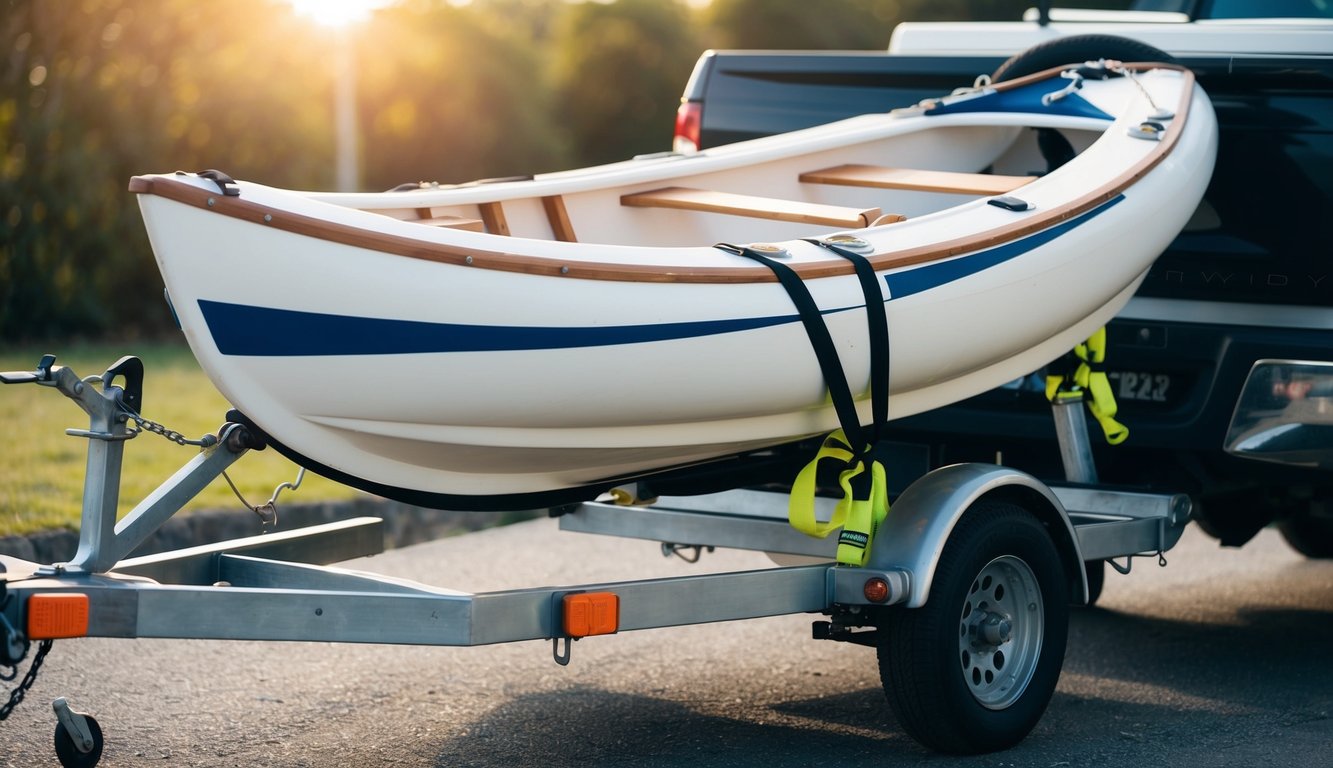 A dinghy being securely tied down to a trailer with straps, ready for transport. The trailer is hitched to a vehicle and the dinghy is positioned in a safe and stable manner