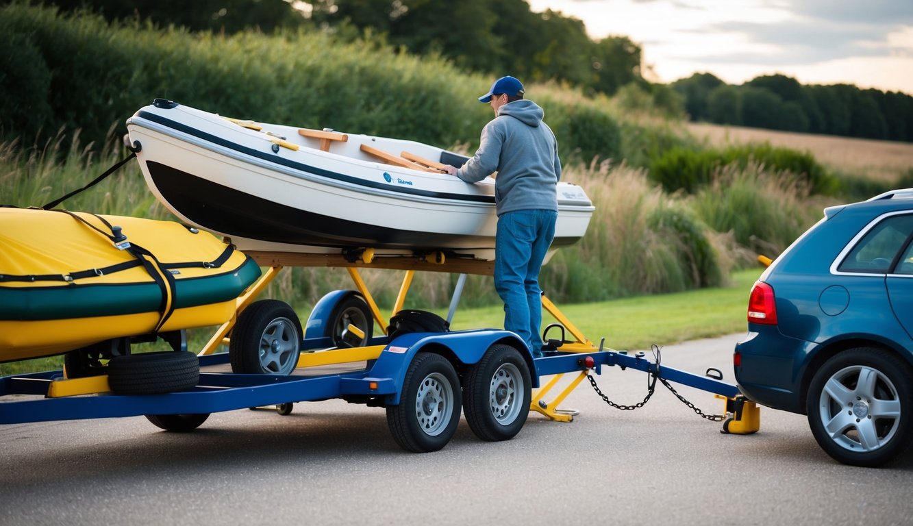 A person loading a dinghy onto a trailer hitched to a car, with safety straps and equipment nearby