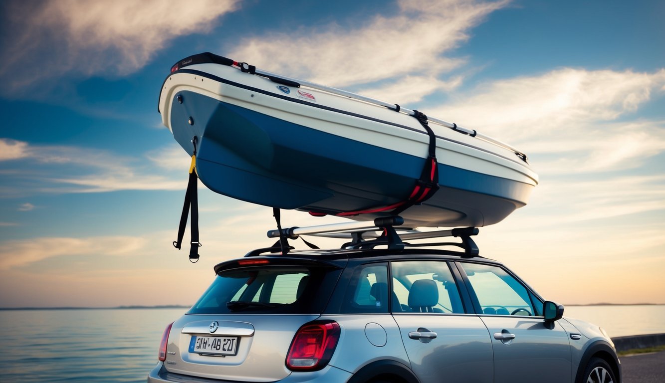 A compact car with a roof rack securely holds a dinghy, tied down with straps and padding, ready for safe and affordable transportation