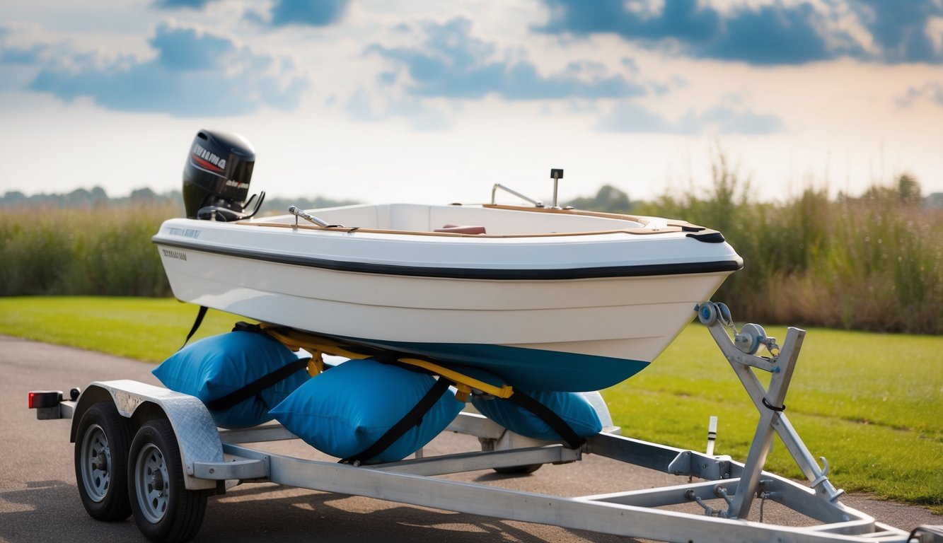A dinghy being securely strapped onto a trailer, with proper padding and tie-downs, ready for safe and affordable transport