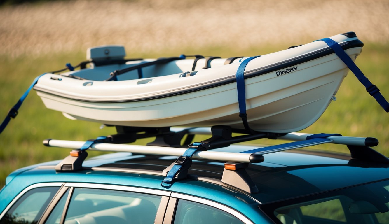 A dinghy securely strapped to the roof of a car, with padded support and tie-down straps ensuring safe transit