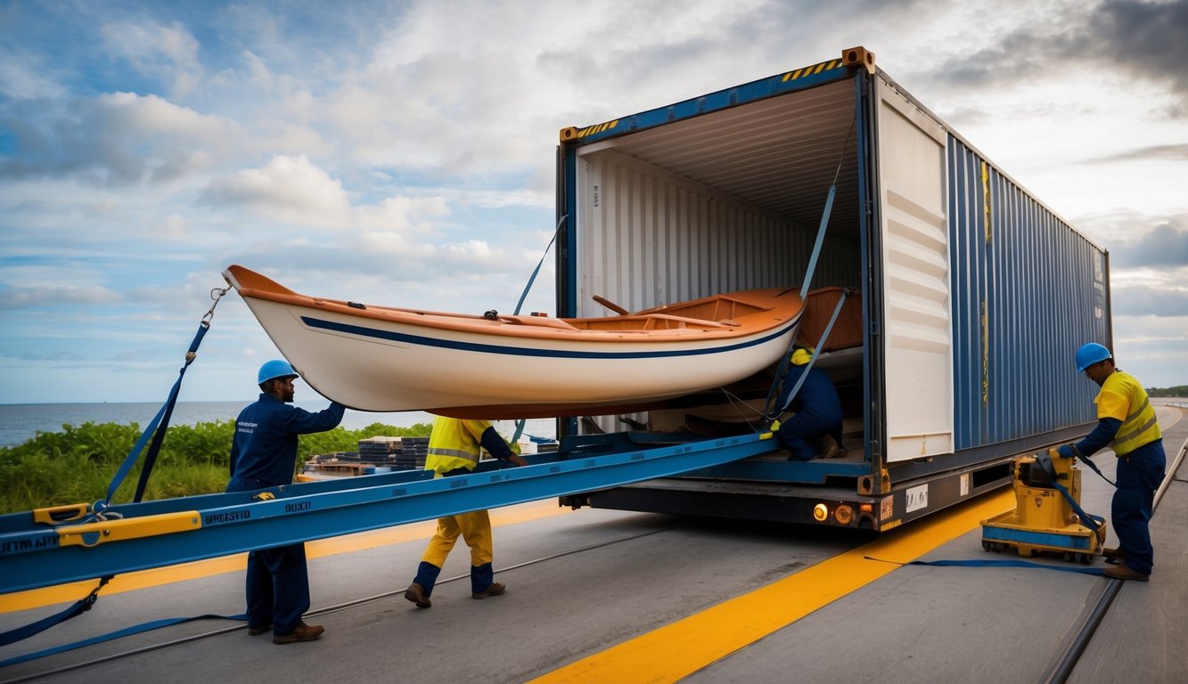 A dinghy being loaded onto a shipping container, with workers securing it with straps and preparing it for transportation