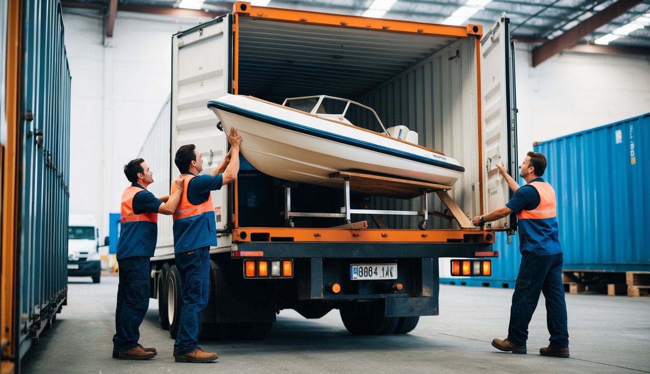 A dinghy being loaded onto a shipping truck by workers in a warehouse
