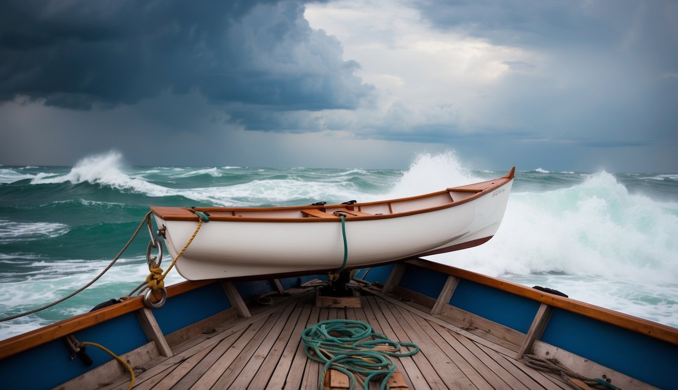 A small dinghy is being lashed down on a rocking boat deck amidst crashing waves and stormy weather