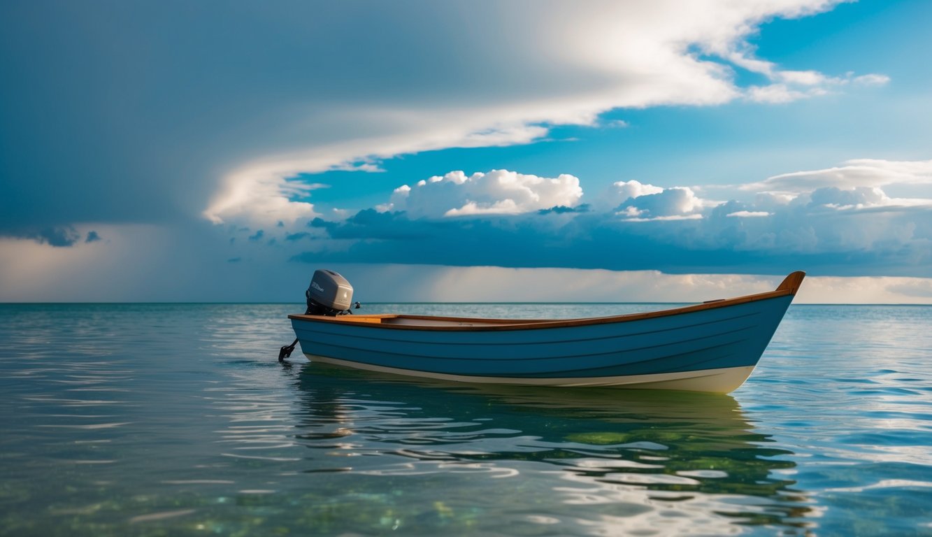 A dinghy floats on calm, clear water with a blue sky above. A gentle breeze ripples the surface, while distant storm clouds loom on the horizon