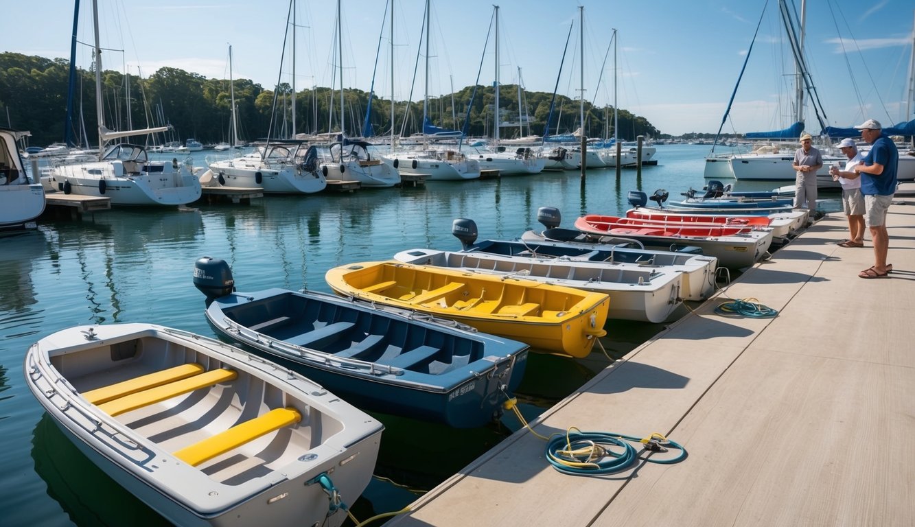 A sunny marina with various dinghy haulers lined up for inspection. Each hauler is being carefully examined for size, durability, and ease of use by potential buyers