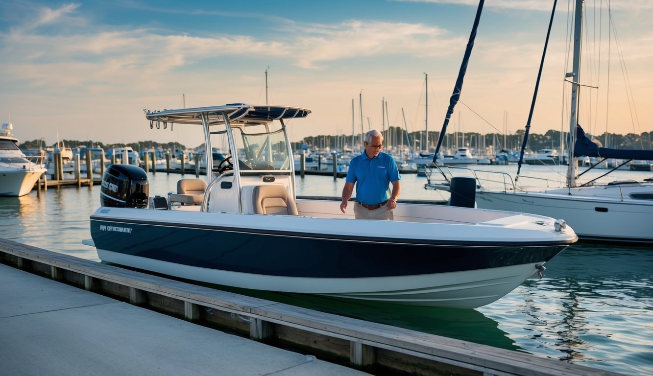 A dinghy hauler being evaluated for features near a waterfront marina