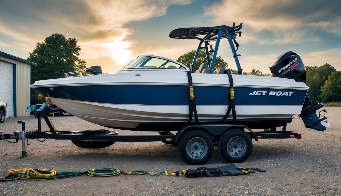 A jet boat secured on a trailer, tied down with straps and covered for protection, surrounded by tools and equipment for safe transport