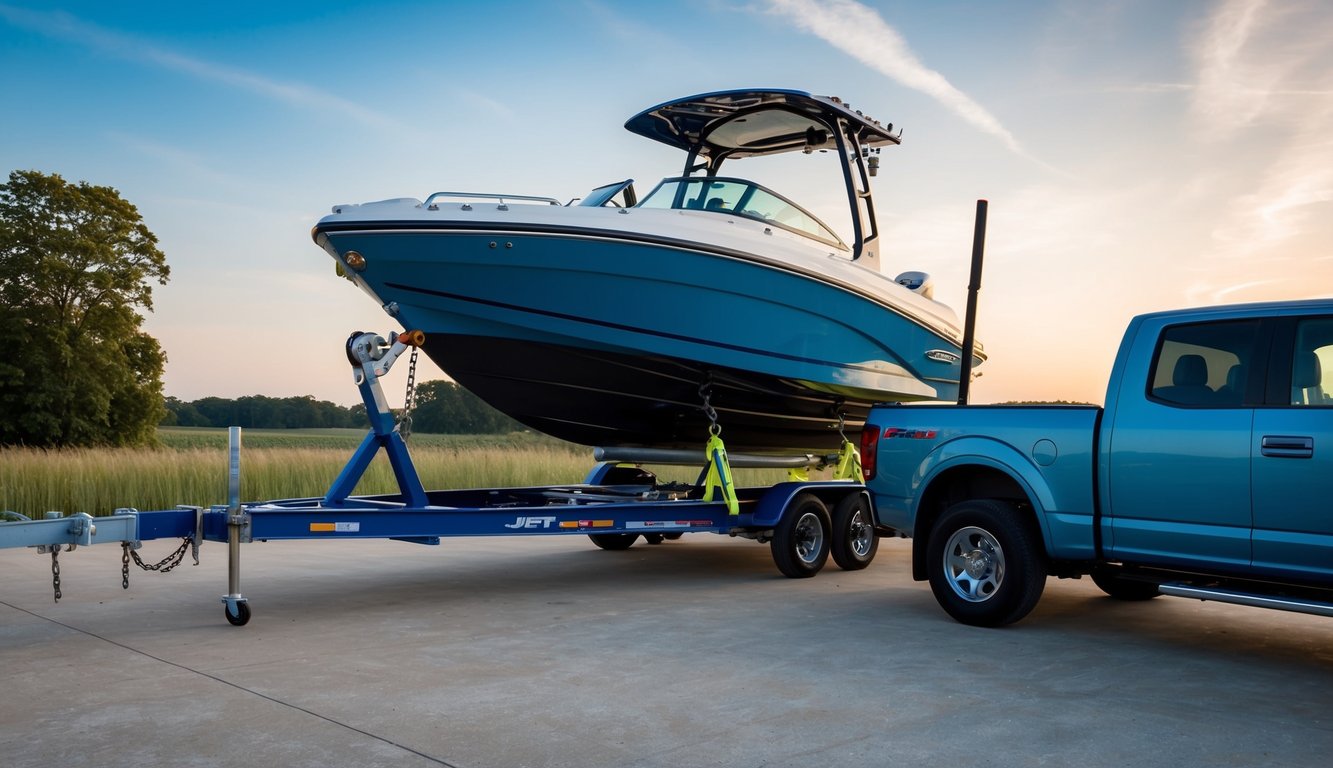 A jet boat being securely loaded onto a trailer hitched to a pickup truck, with tie-down straps and safety chains in place for secure transportation