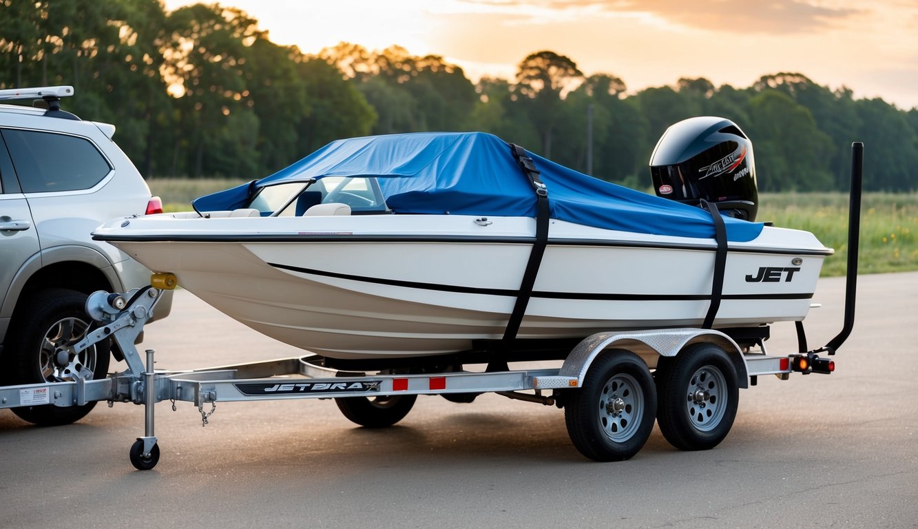 A jet boat secured on a trailer, tied down with straps, and covered with a protective tarp. The trailer is attached to a vehicle ready for transport