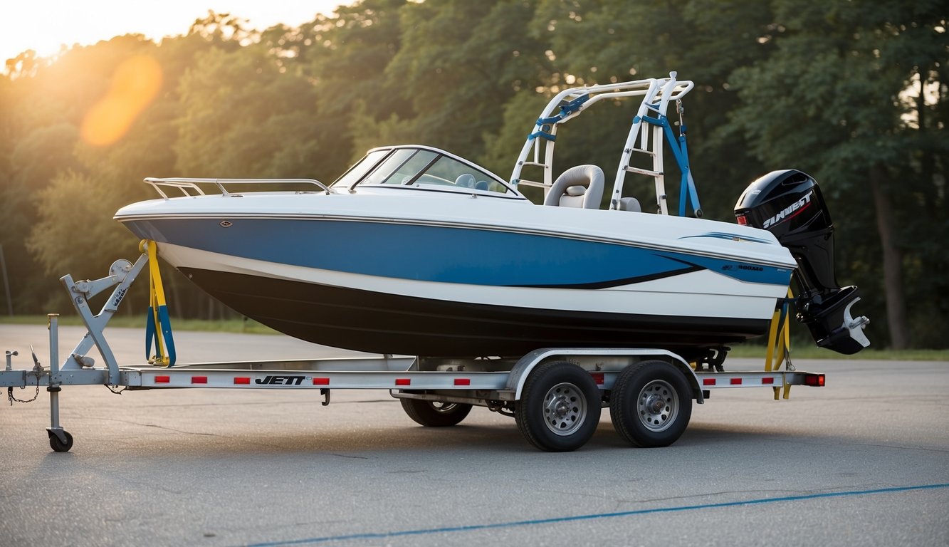 A jet boat being carefully loaded onto a trailer, with straps and tie-downs securing it in place for safe transportation