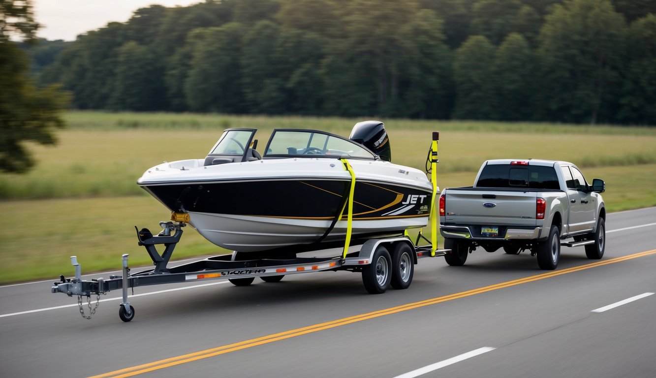 A jet boat secured on a sturdy trailer, strapped down with heavy-duty tie-downs, and being towed by a reliable vehicle on a smooth, open road