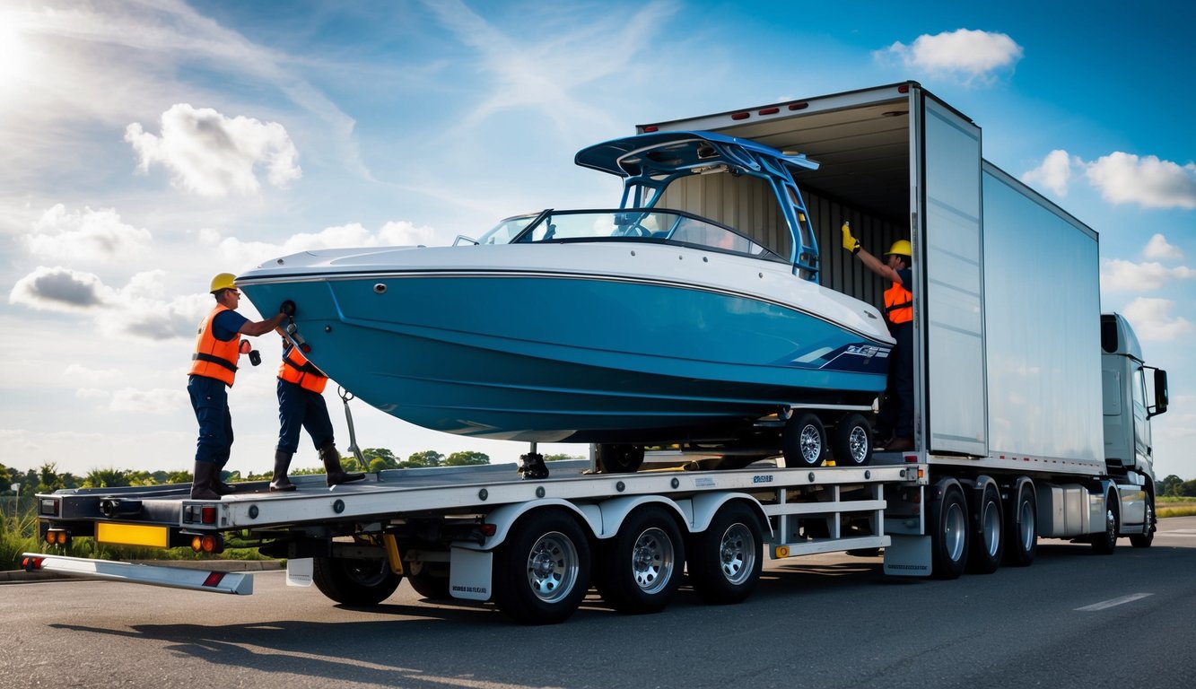 A jet boat being loaded onto a transport trailer with workers securing it in place. The trailer is attached to a large truck ready for shipping
