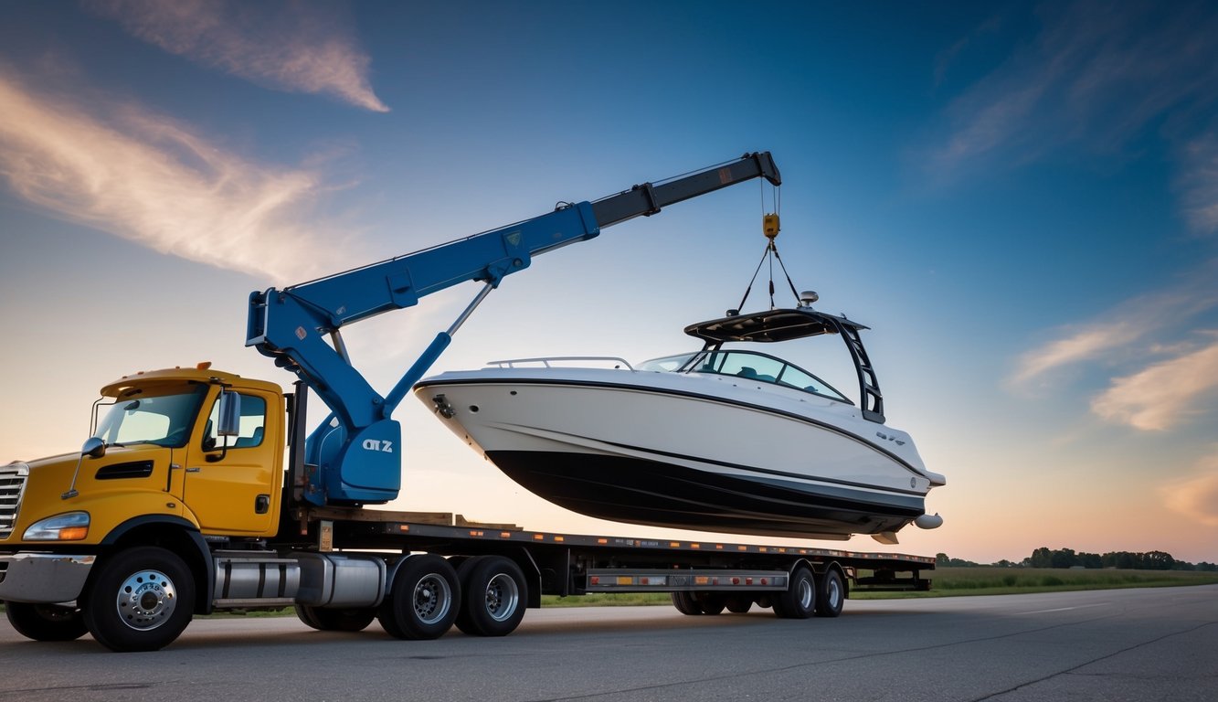 A jet boat being lifted by a crane onto a flatbed truck for shipping