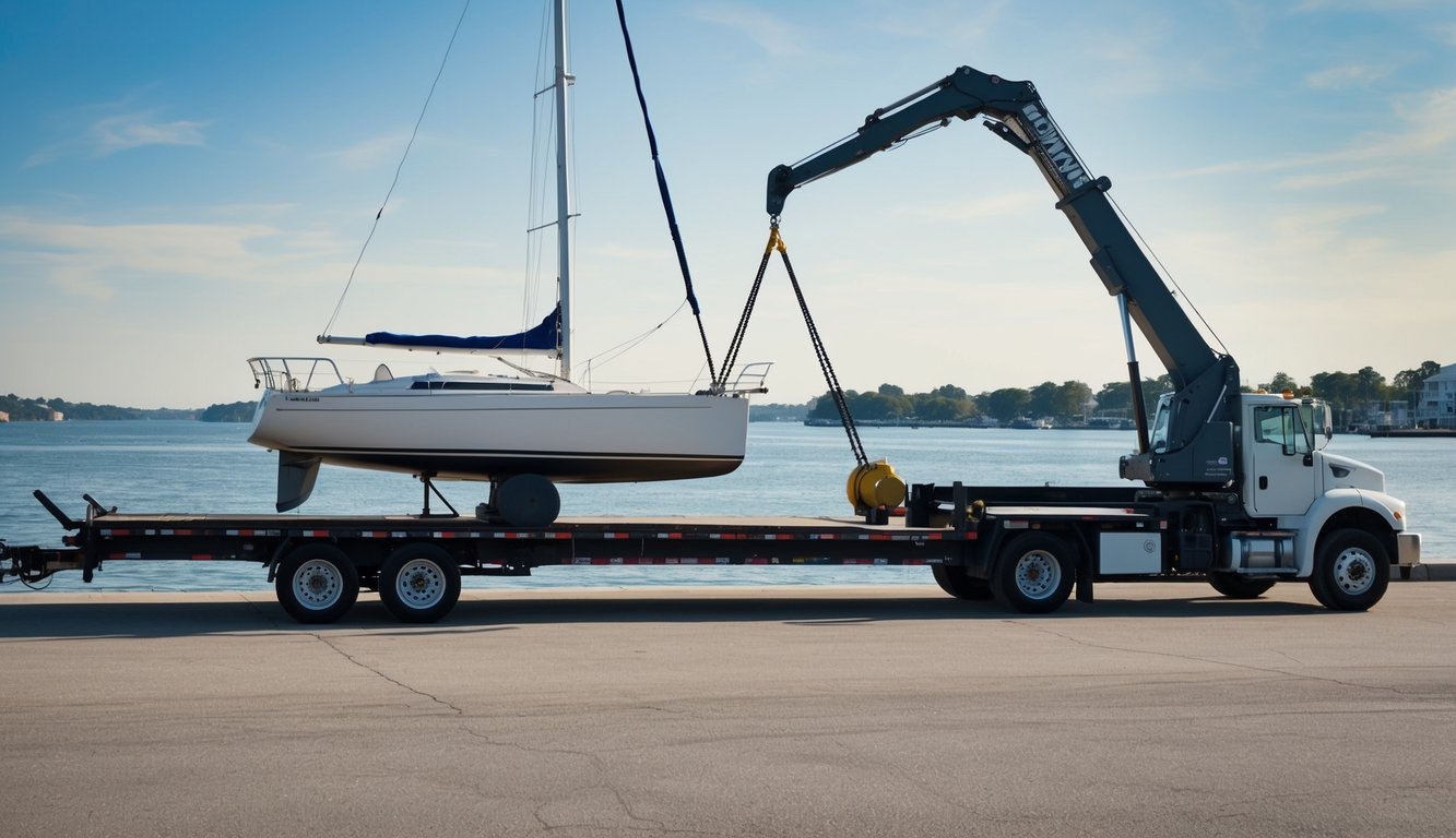 A sailboat being securely loaded onto a flatbed trailer by a crane near a calm, sunny waterfront