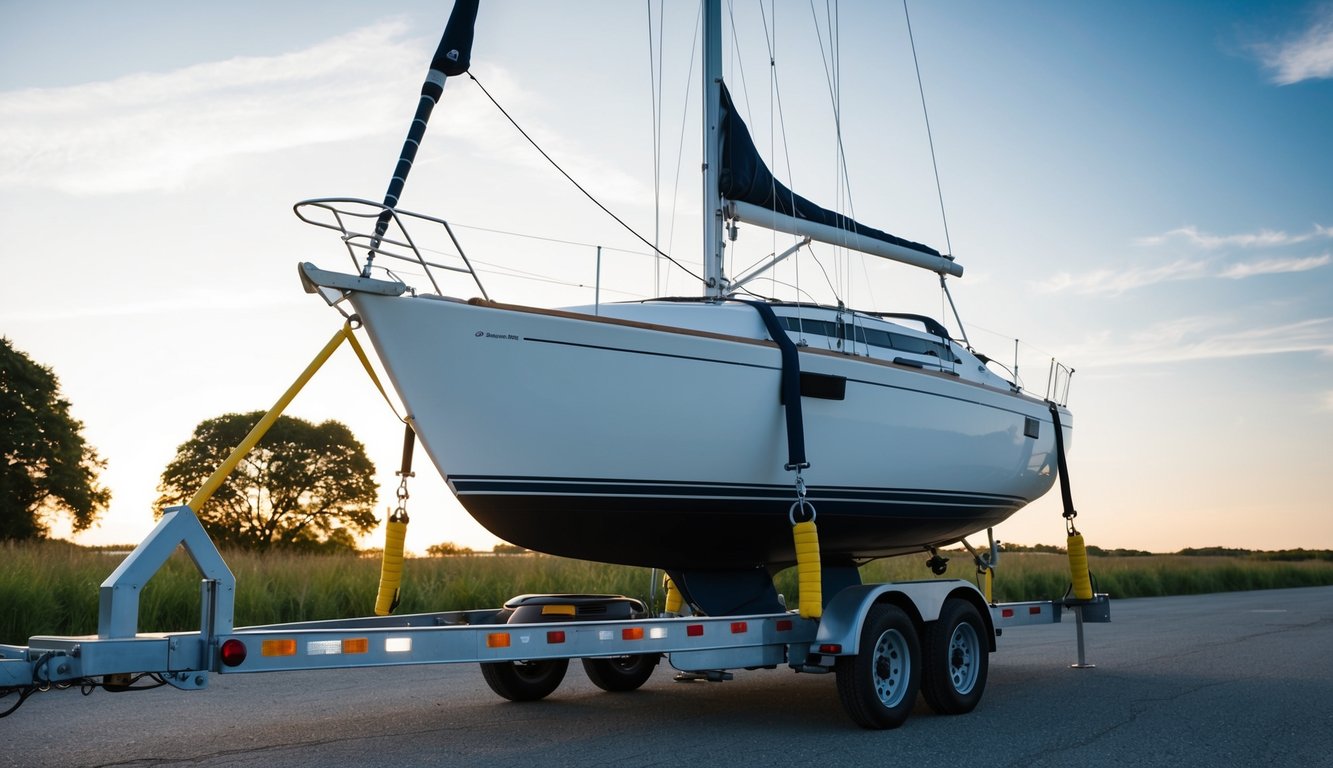 A sailboat being securely strapped down onto a trailer, with the mast carefully secured and the hull supported by padded beams for safe transportation