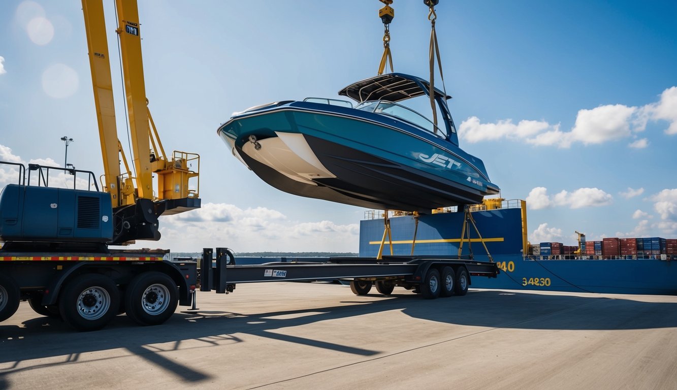 A jet boat being loaded onto a shipping vessel without a trailer, using a crane and securing straps