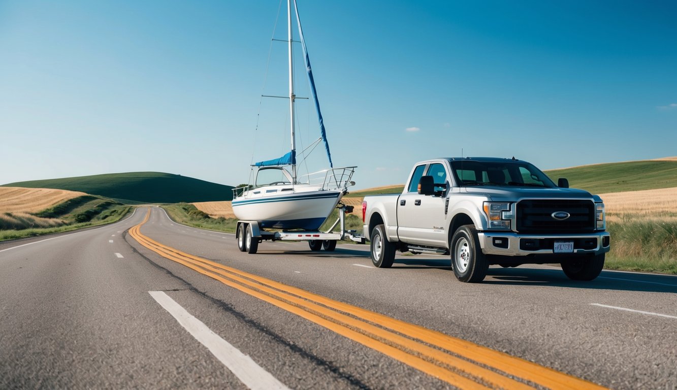 A sturdy truck hitched to a sailboat trailer on a sunny, open road with clear blue skies and rolling hills in the background