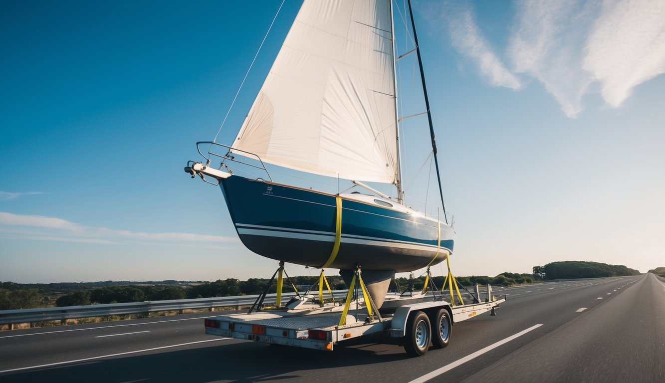 A sailboat being securely loaded onto a trailer, with straps and supports in place, ready to be transported on a highway
