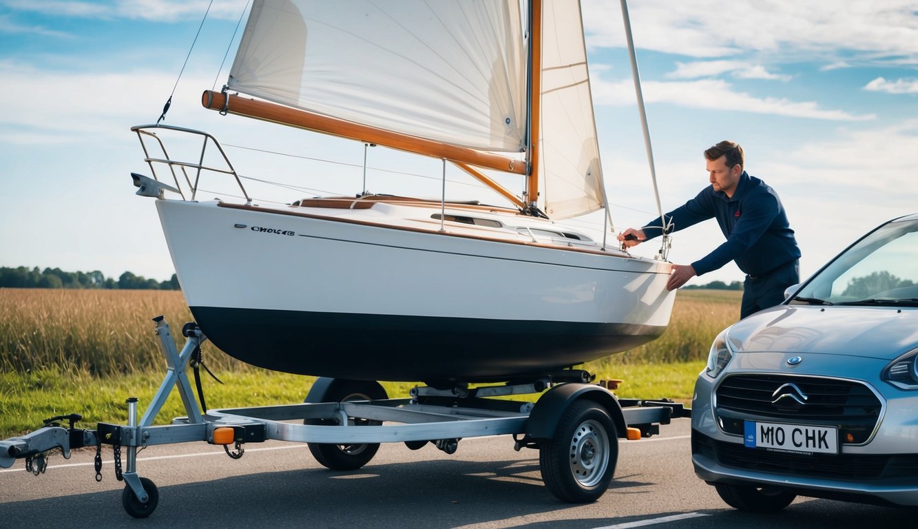 A sailboat being securely loaded onto a trailer hitched to a compact car, with the car's driver carefully securing the boat for transport