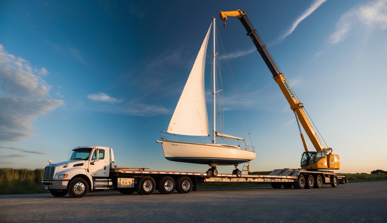 A sailboat being securely loaded onto a flatbed trailer by a crane, ready for transportation