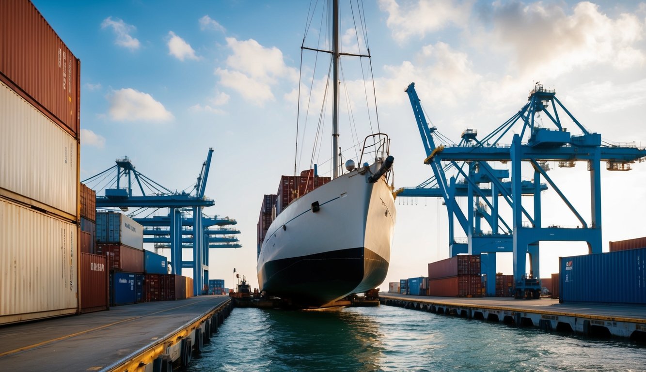 A sailboat being loaded onto a cargo ship, surrounded by shipping containers and cranes on a busy dock