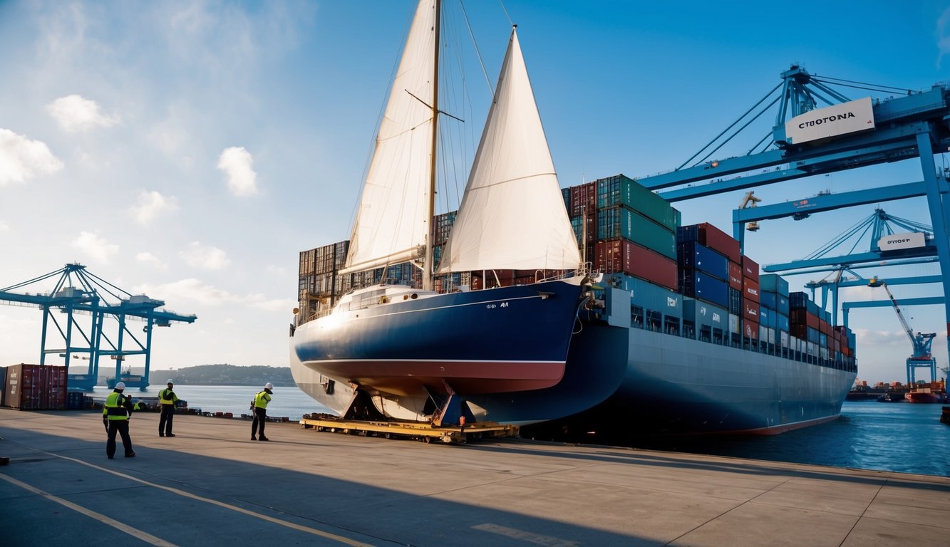 A sailboat being loaded onto a large cargo ship at a bustling port, with workers securing it in place and cranes lifting other cargo nearby