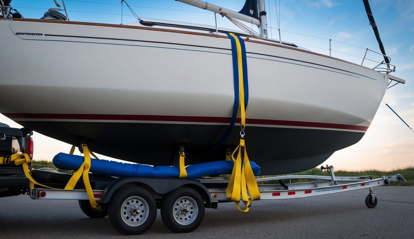 A sailboat being carefully secured to a trailer, with straps and padding in place for transport