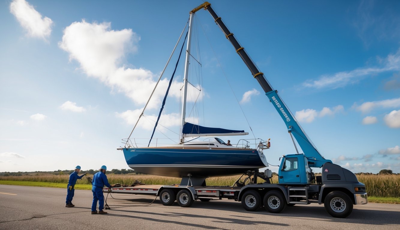 A sailboat being lifted by a crane onto a trailer, with workers securing the mast and hull for transport