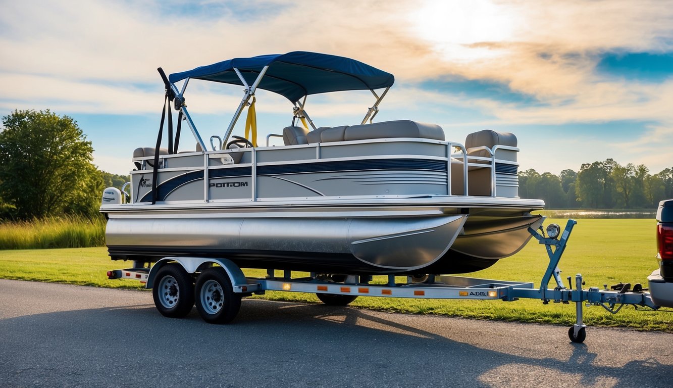 A pontoon boat being securely loaded onto a trailer hitched to a vehicle, with straps and supports in place for safe transportation