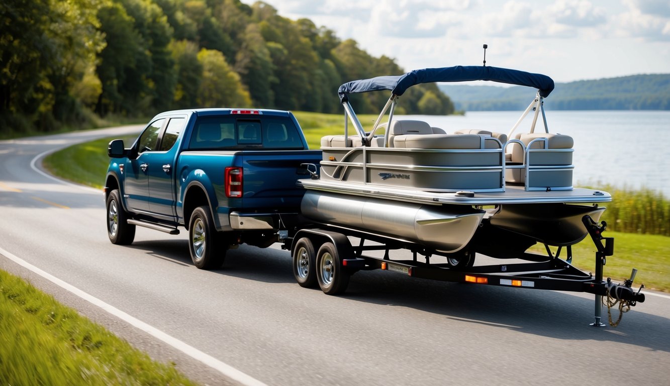 A pickup truck with a hitched trailer carrying a pontoon boat, tied down securely with straps and bungee cords, driving along a scenic lakeside road