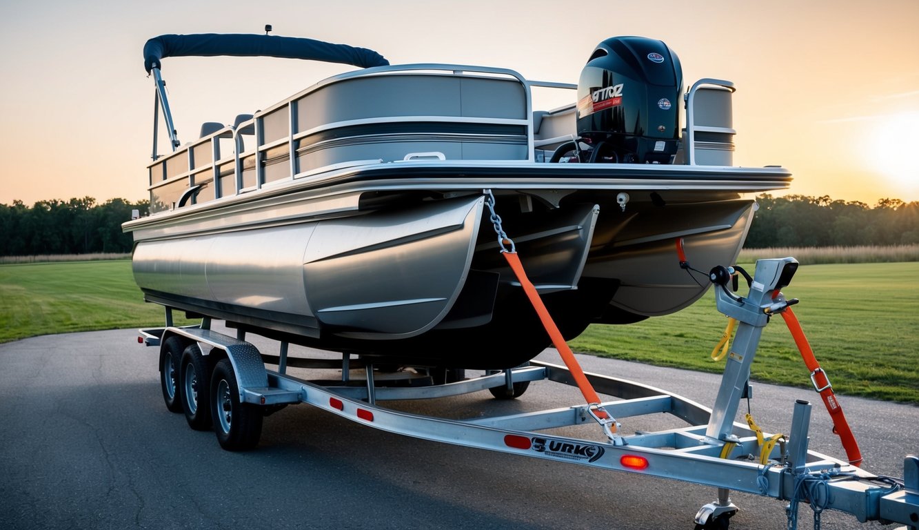 A pontoon boat being carefully secured onto a trailer, with straps and tie-downs being fastened to ensure safe and affordable transportation